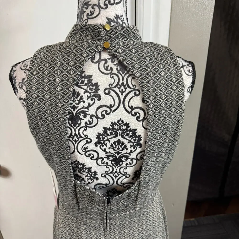 Emerald Sundae Gray Black Metallic Geometric Mock Neck Fit & Flare Dress NWT 13